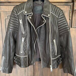 AllSaints Bixer Piped Dark Brown 100% Leather Jacket Size 6 (M) - EUC